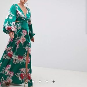ASOS DESIGN long sleeve floral print cut out maxi